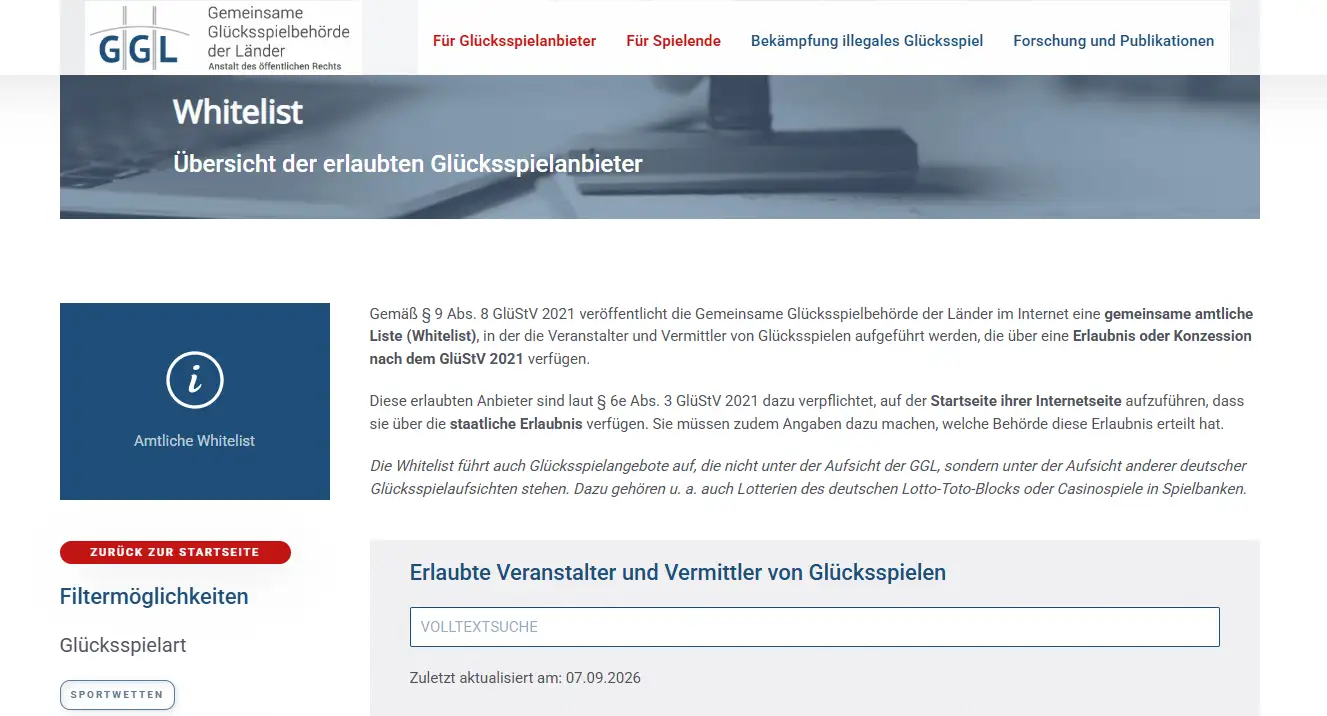 Offizielle GGL-Whitelist als Referenz für erlaubte Glücksspielanbieter in Deutschland