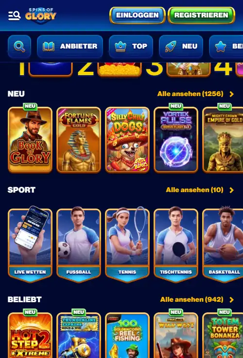 Mobile Darstellung der offiziellen deutschen Spins of Glory Website