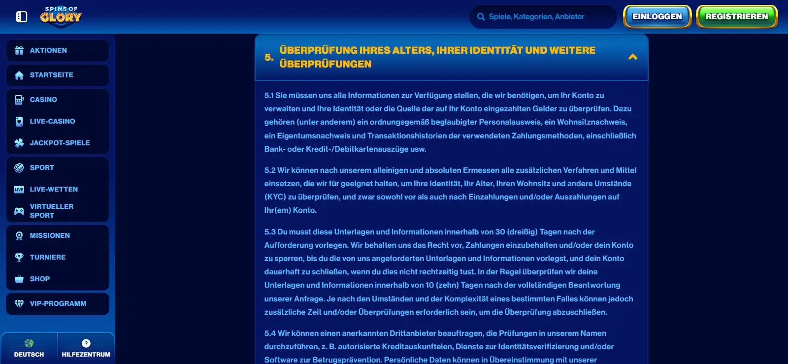 KYC-Abschnitt in den offiziellen Spins of Glory Terms