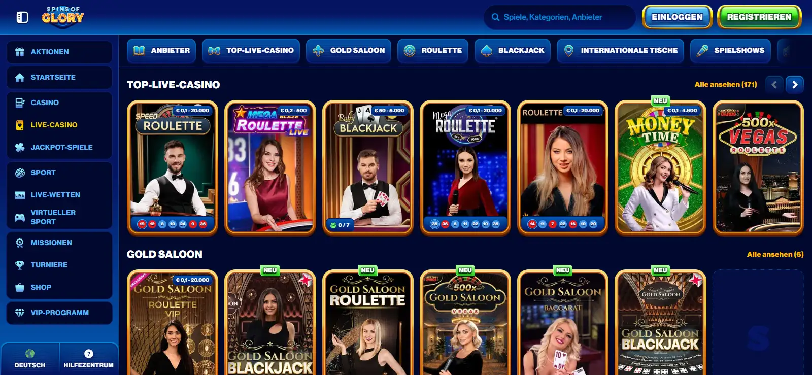 Aktueller Spins of Glory Live-Casino-Bereich mit echten Dealer-Spielen