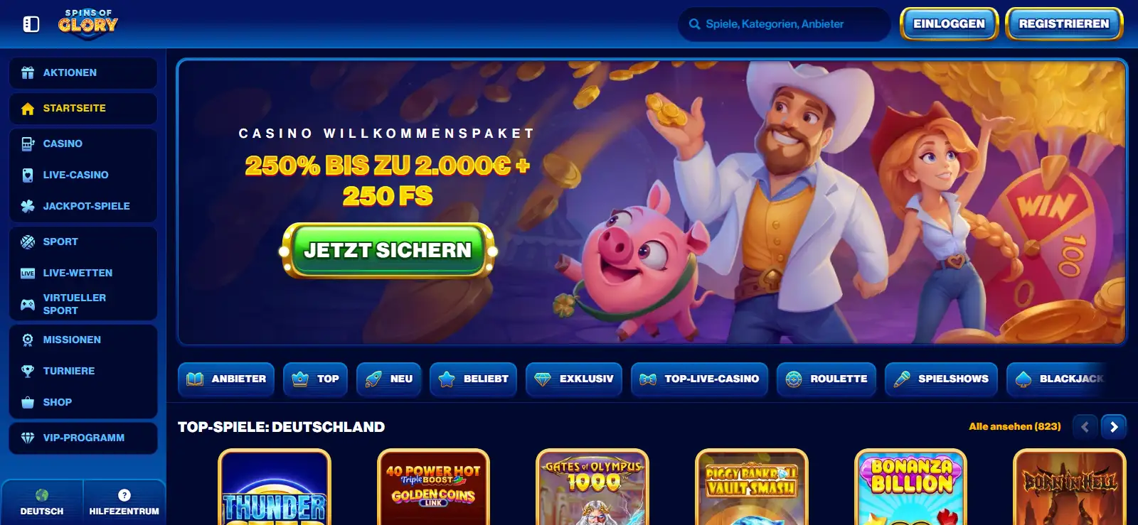 Echte deutsche Spins-of-Glory-Startseite mit Navigation und sichtbarer deutscher Lokalisierung