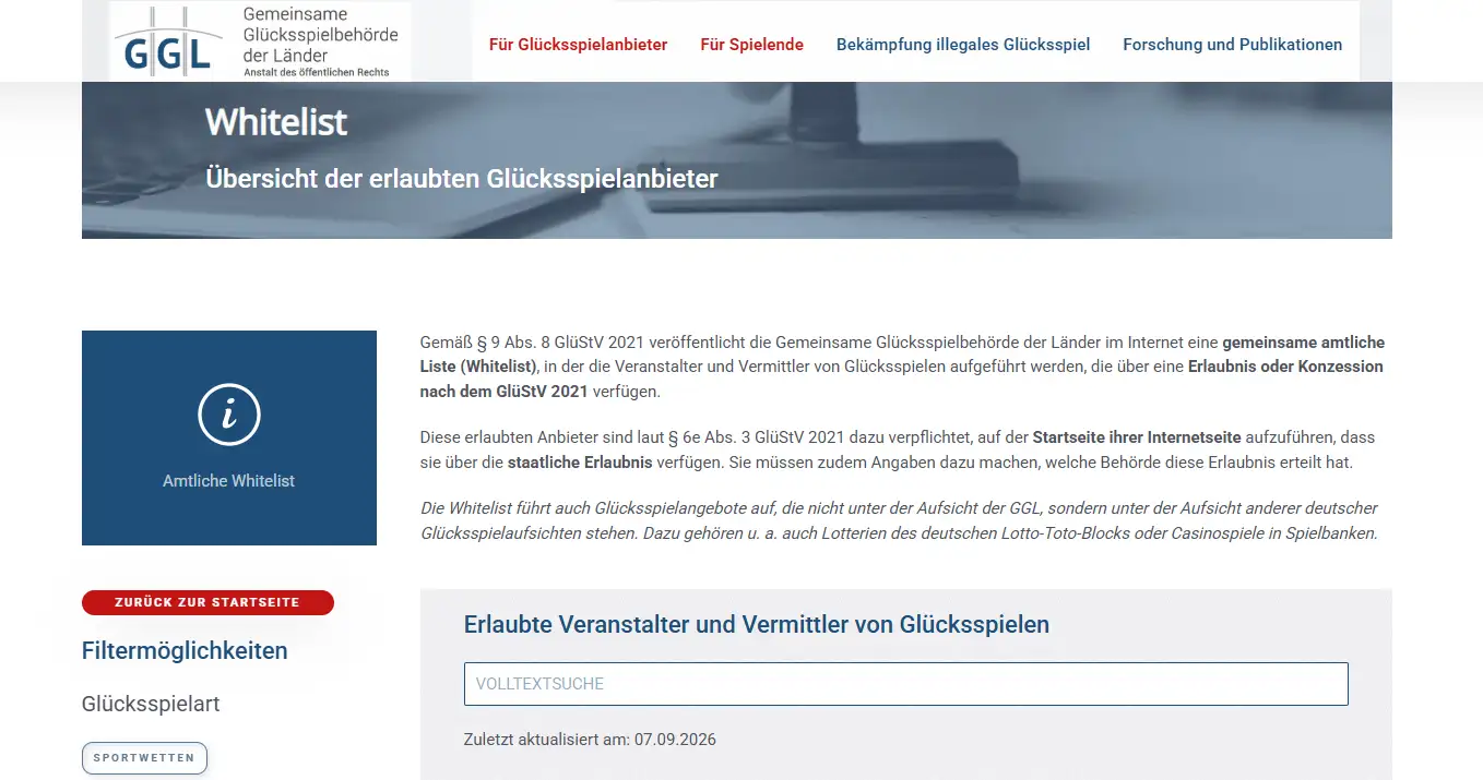 Amtliche GGL-Whitelist für erlaubte Glücksspielanbieter in Deutschland
